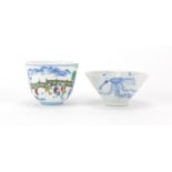 Two Chinese porcelain tea cups including one hand painted with children playing in a landscape, both