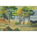 Trees by water, continental school oil on canvas, bearing a indistinct signature possibly Margun,