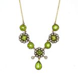 Antique style 9ct gold peridot seed pearl and diamond necklace, 44cm in length, 6.5g :For Further