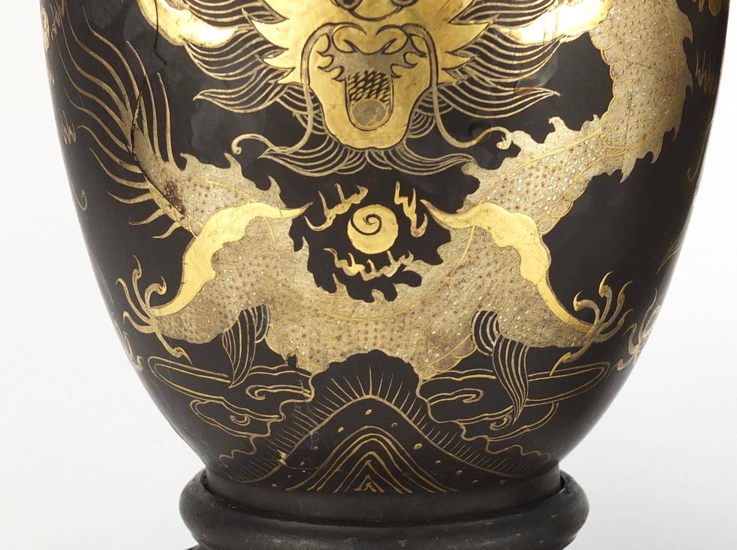 Pair of Chinese papier-mâché vases on stands, both gilded with dragons chasing the flaming pearl, - Image 4 of 23