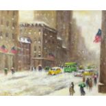 After Guy Wiggins - New York snowy street scene, oil on board, mounted and framed, 49cm x 40cm :