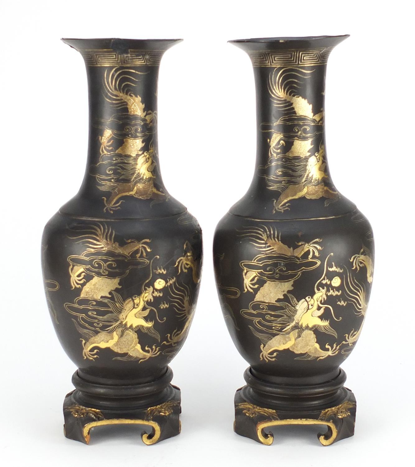 Pair of Chinese papier-mâché vases on stands, both gilded with dragons chasing the flaming pearl, - Image 8 of 23