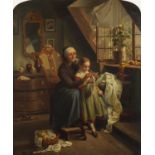 Grandma sewing with a young girl, early 19th century oil on canvas, mounted and framed, 44.5cm x