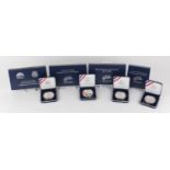 Four United States Mint silver proof dollars with cases and boxes comprising First Flight
