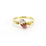 Victorian 18ct gold diamond and ruby ring with scroll shoulders, size Q, 2.8g :For Further Condition