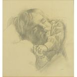 Horace Mann Livens - Baby in a cot, signed charcoal and chalks, label verso, mounted and framed,