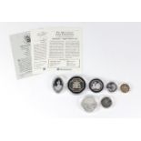 Seven silver proof coins, three with certificates including a Barbados octagonal five dollars, Sir