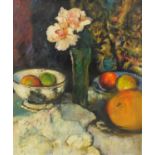 Still life flowers and fruit, Scottish colourist school oil on board, bearing a signature Hunter,