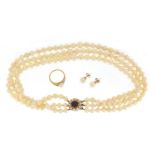Three string pearl necklace with 9ct gold clasp, 18ct gold pearl ring and a pair of pearl
