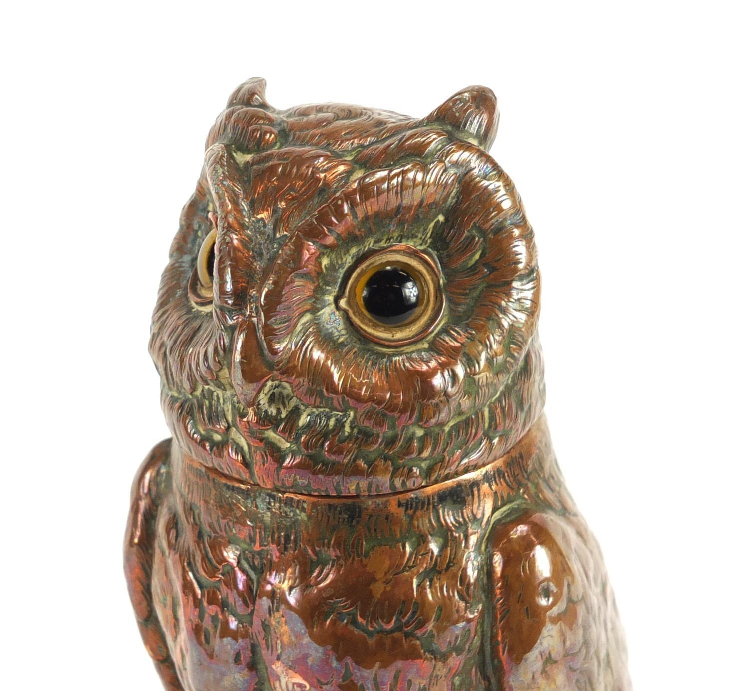 Novelty Victorian copper and brass owl design desk inkwell, 23cm high :For Further Condition Reports - Image 2 of 5