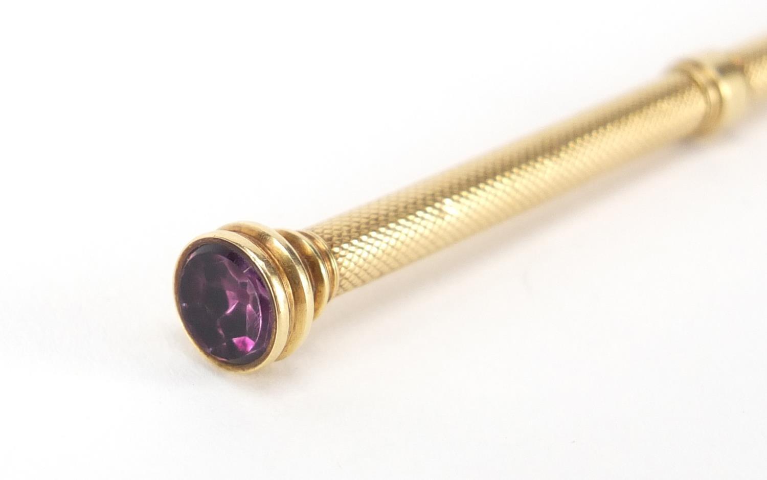 S Mordan & Co unmarked gold propelling pencil with amethyst top, 8.5cm in length, 8.8g :For - Image 4 of 5