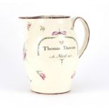 Late 18th century creamware ale jug, hand painted with flowers, inscribed Success to the Plow and