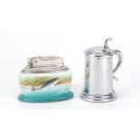 Dunhill chrome table lighter in the form of a tankard and a Minton example hand painted with fish by