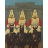 Manner of Paul Maze - Guards on horseback, oil on board, framed, 38cm x29.5cm :For Further Condition