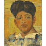 Head and shoulders portrait of a Eastern boy, Russian school oil on canvas, bearing an indistinct
