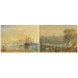Cattle by a castle and moored boat on foreshore, pair of watercolours, mounted and framed, each 22cm