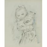Manner of Leonard Tsuguharu Foujita - Portrait of a girl holding a cat, watercolour, inscribed Paris