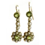 Pair of Victorian 9ct gold peridot and seed pearl earrings, 2.5cm in length, 1.9g :For Further