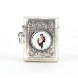 Sterling silver vesta with enamelled risqué female plaque, 3.8cm high, 18.0g :For Further