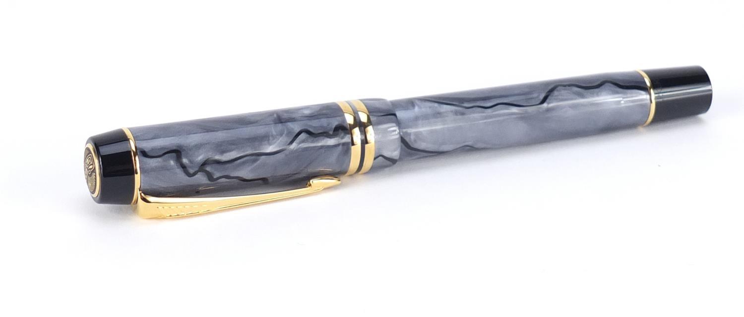 Parker duofold fountain pen with marbleised body, 18k gold nib, case and box :For Further - Image 3 of 10