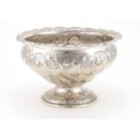 Victorian silver pedestal fruit bowl by Atkin Bros, embossed with flowers and blank cartouche,