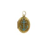 Unmarked gold mourning locket enamelled with a rope and anchor, 2cm in length, 2.5g :For Further