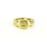Victorian 18ct gold seal ring engraved with a stag, Chester 1896, size J, 2.8g :For Further