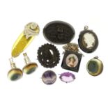 Antique and later jewellery including a Blue John brooch, enamelled portrait miniature pendant and