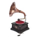 Retro Victrola gramophone with copper horn :For Further Condition Reports Please Visit Our
