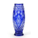 Good quality Bohemian blue flashed cut glass vase, 31.5cm high :For Further Condition Reports Please