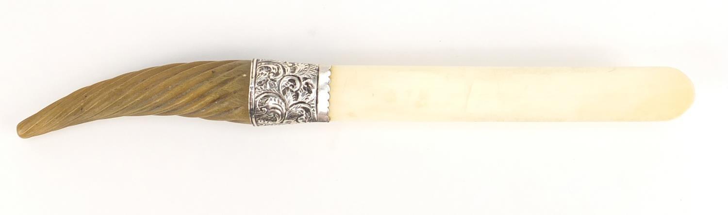 Rhinoceros horn handled ivory page turner with silver mount, indistinct Birmingham hallmarks, 34.5cm