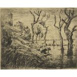 Female washing in a river, pencil signed black and white etching, bearing indistinct signature and