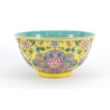 Chinese porcelain yellow ground bowl, finely hand painted in the famille rose palette with