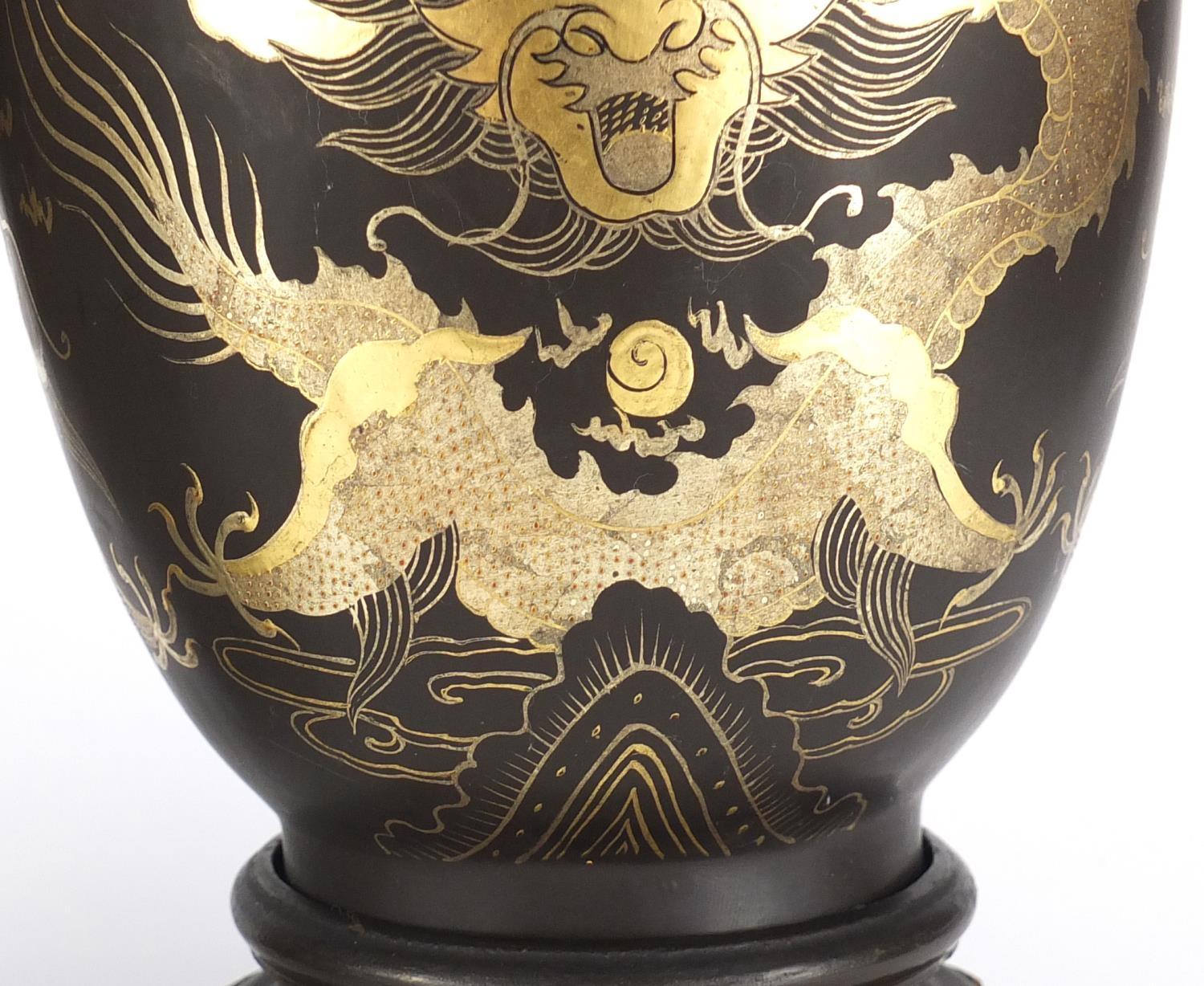 Pair of Chinese papier-mâché vases on stands, both gilded with dragons chasing the flaming pearl, - Image 7 of 23