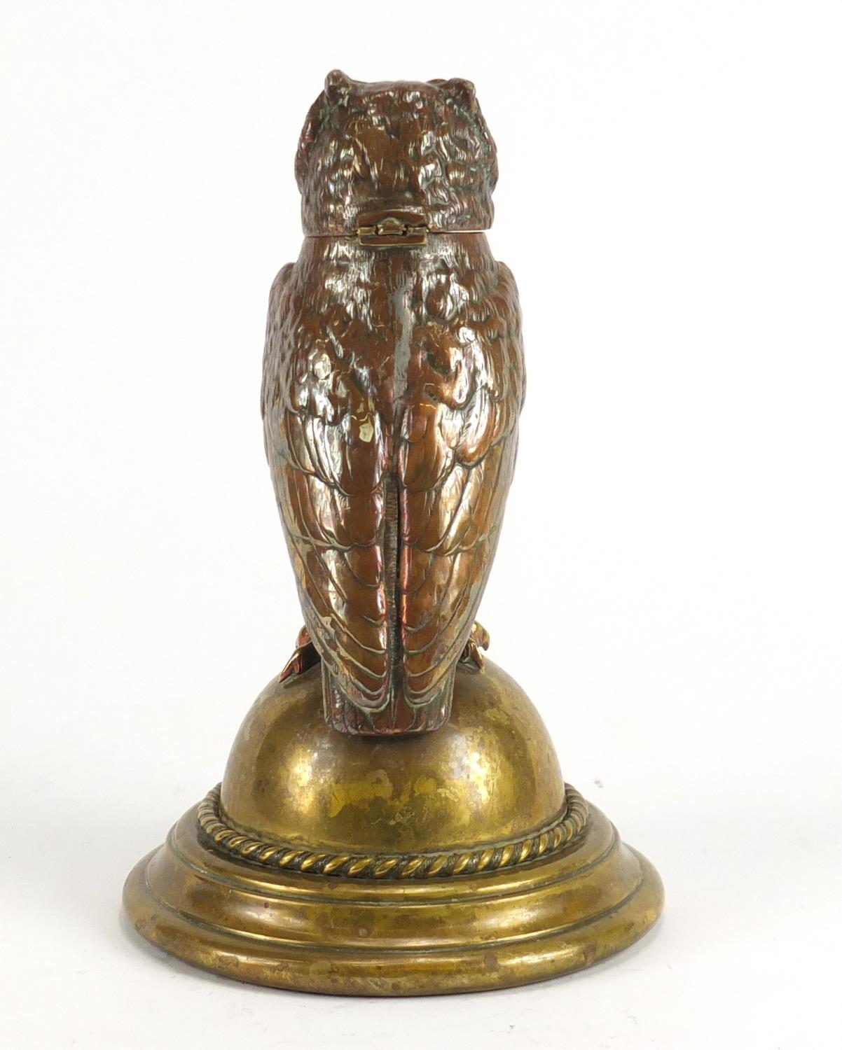 Novelty Victorian copper and brass owl design desk inkwell, 23cm high :For Further Condition Reports - Image 4 of 5