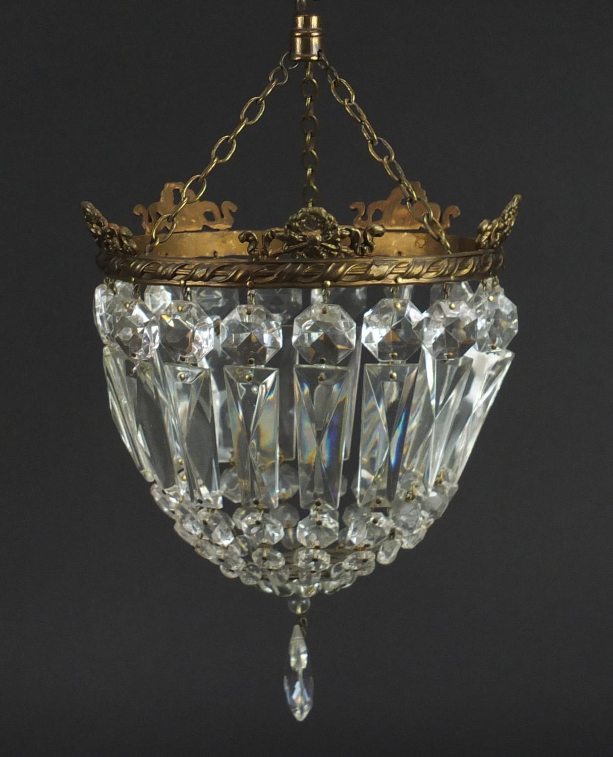 Two brass bag chandeliers with cut glass drops, the largest 20cm high x 16cm in diameter :For - Image 3 of 3