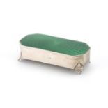 Rectangular silver and green guilloche enamel jewel box, indistinct makers mark, Birmingham 1931,