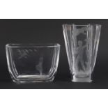 Two Orrefors glass vases including one designed by Sven Palmquist, etched with a young girl and