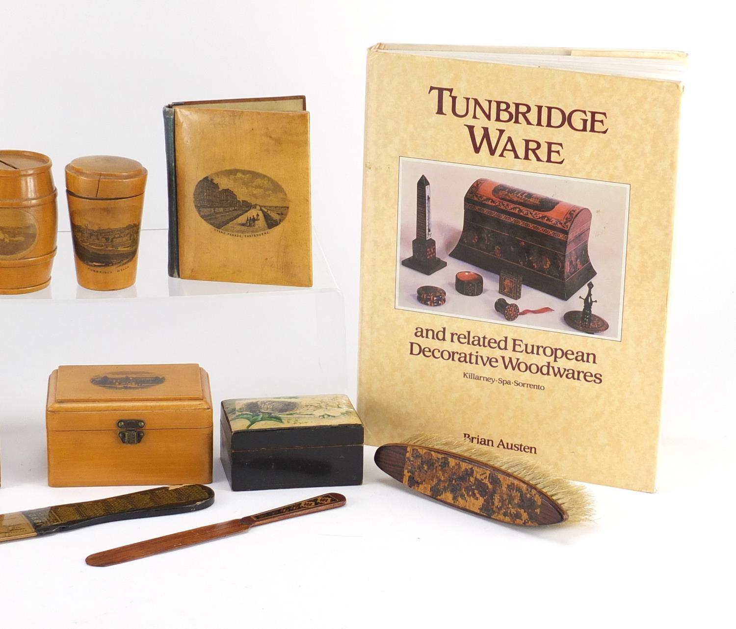 Woodenware and reference books including Mauchline Ware pin cushion, Tunbridge Ware letter opener - Image 3 of 10