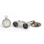 Pair of Busch opera glasses with enamel barrels and a pocket barometer by James Aitchison :For