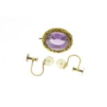 Victorian amethyst brooch and a pair of 9ct gold pearl earrings :For Further Condition Reports
