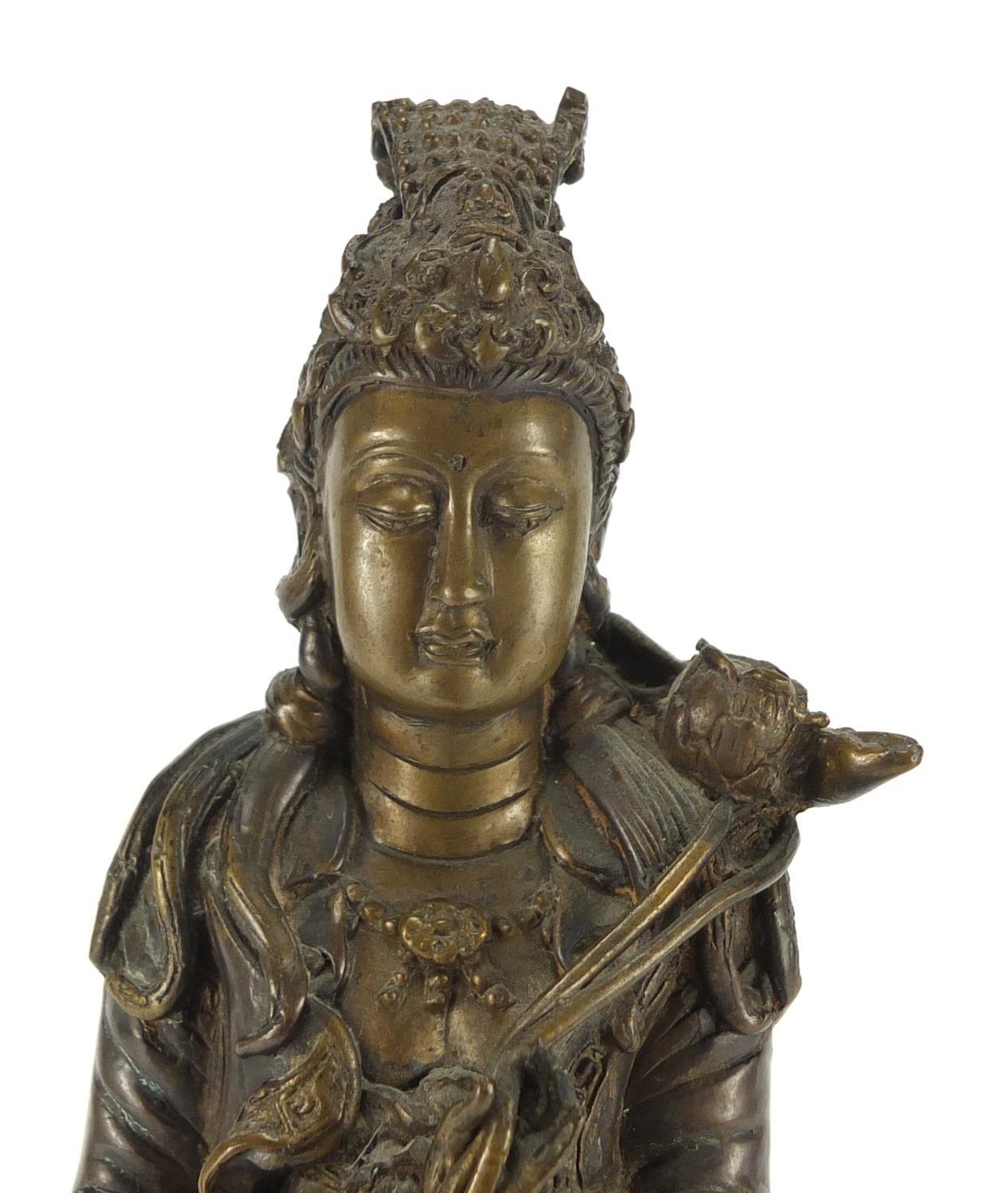 Chinese bronze figure of Guanyin standing on a toad and lotus leaf, 33cm high :For Further Condition - Image 3 of 6
