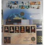 Commemorative coin covers arranged in an album including one pound and five pound coins :For Further