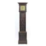 Antique carved oak long case clock, the brass dial inscribed Joseph Cooper Malpas, 210cm high :For