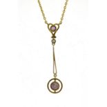 Art Nouveau 9ct gold amethyst and seed pearl necklace, 21cm in length, 3.8g :For Further Condition