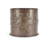 Arts & Crafts copper pot by Newlyn, embossed with fish in water, impressed Newlyn to the base, 9.5cm