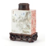Good Chinese porcelain tea caddy by Tang Yin, finely hand painted with peach blossom and mountain
