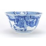 Chinese blue and white porcelain bowl, finely hand painted with an Emperor and figures in a