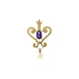 Art Nouveau 9ct gold amethyst and pearl pendant, 4cm in length, 3.0g :For Further Condition