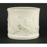 Good Chinese porcelain brush pot, finely decorated in relief with figures, six figure Qianlong